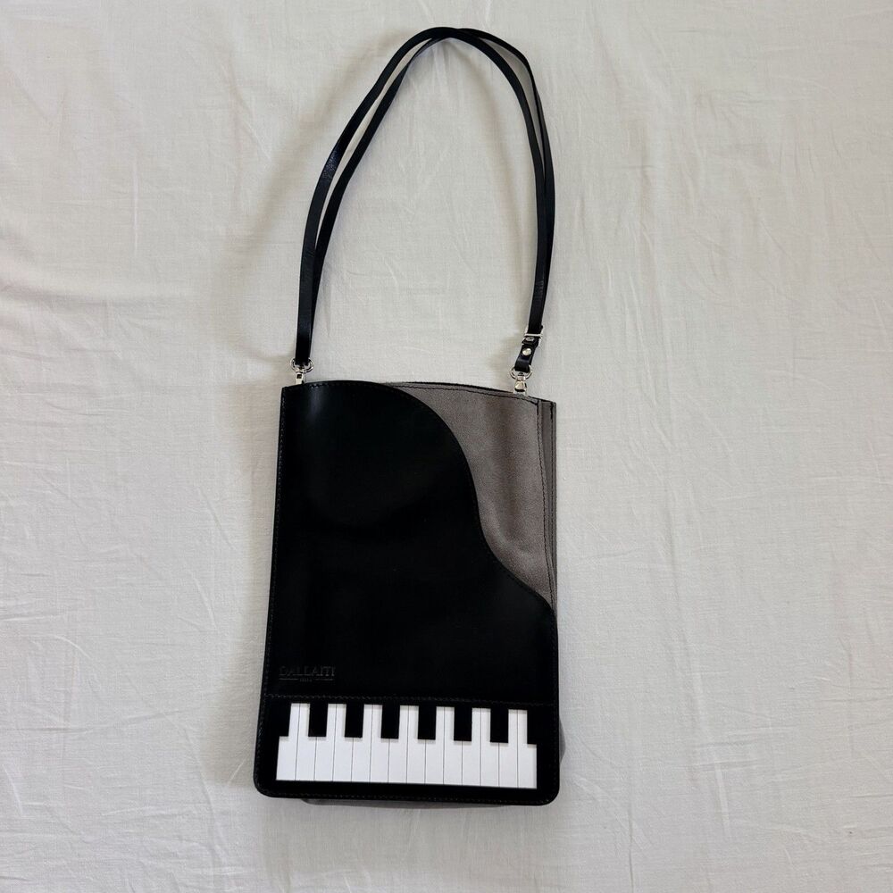 Dallaiti Italy Piano Keyboard Leather Crossbody Bag Black Gray Adjustable Strap